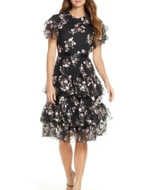Rachel Parcell Black Embroidered Floral Tiered Dress Sz S